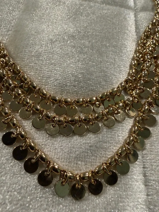 Gold Tone Layered Disc Necklace with Cascading Charms - Picture 2 of 11